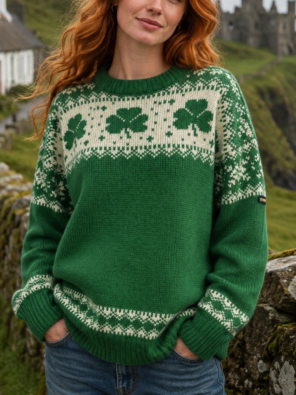 VTG Blarney Castle Sz M Green Shamrock 100% Irish Wool St Patrick's Day Sweater